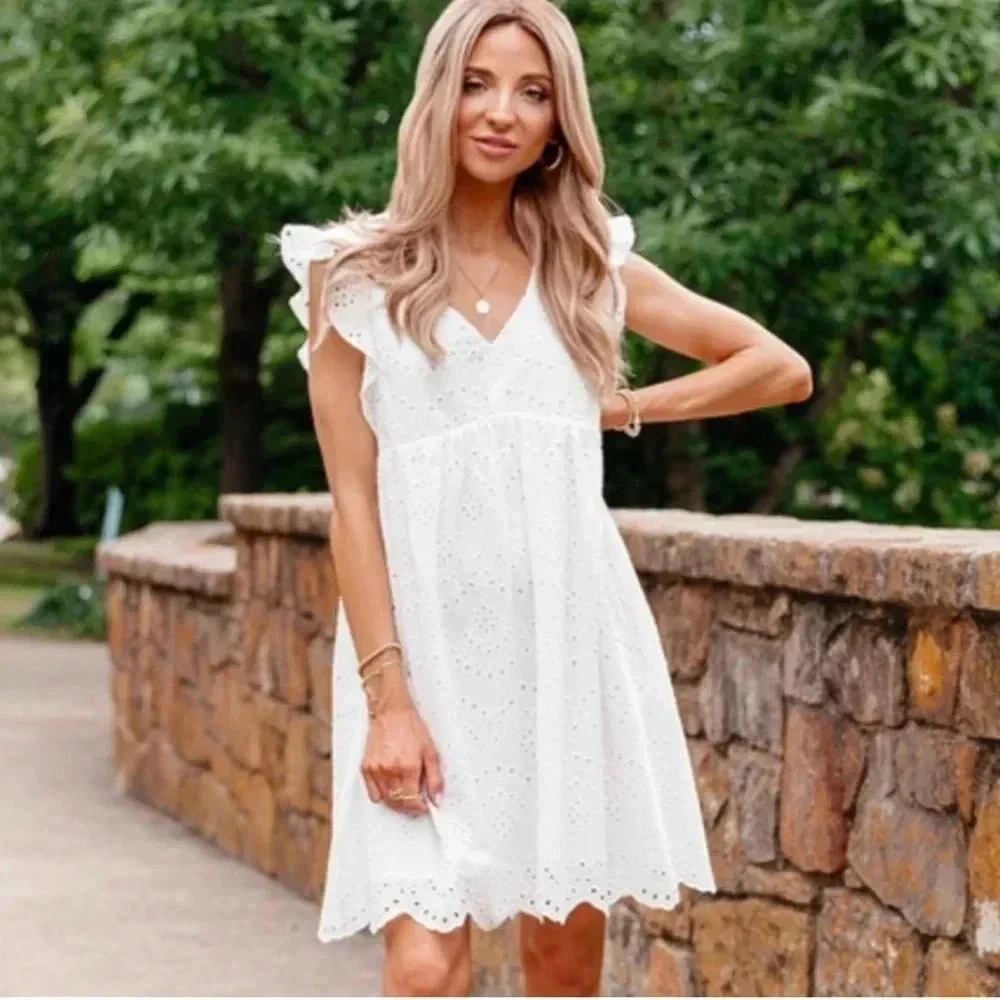 Amaryllis x Dani Austin Women’s White Eyelet Dress Boho Summer Picnic Size Large